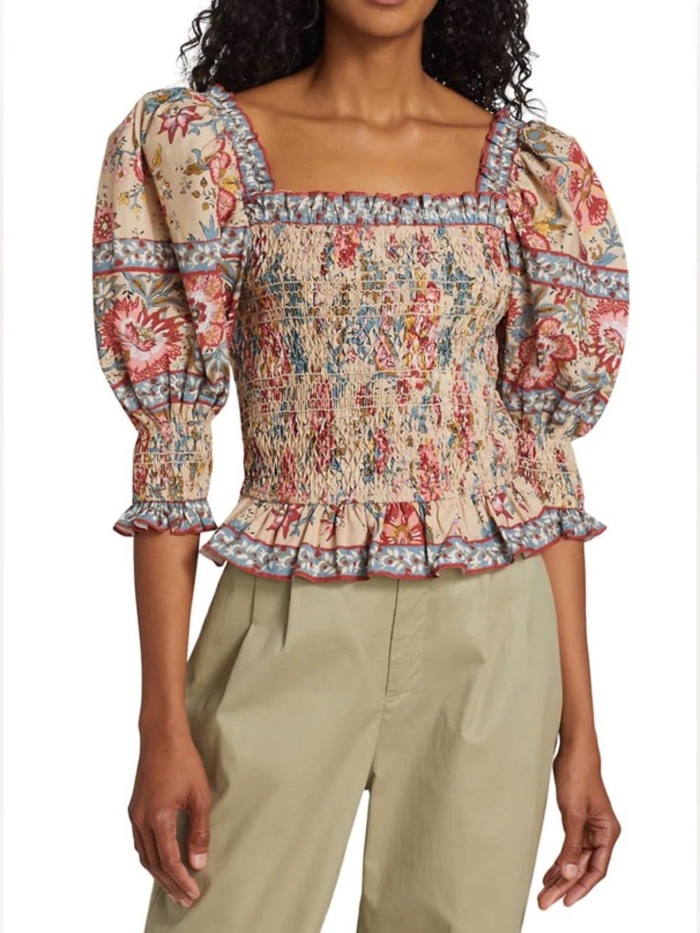 Sea NY Tess Floral Print Puff Sleeve Smocked Top in Size Small